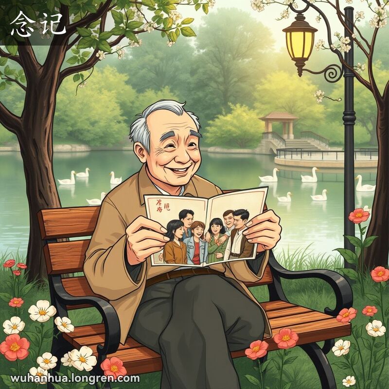 一位老人坐在公园长椅上，手持旧照片，脸上带着怀念的微笑，背景是宁静的湖泊和古典的街灯。