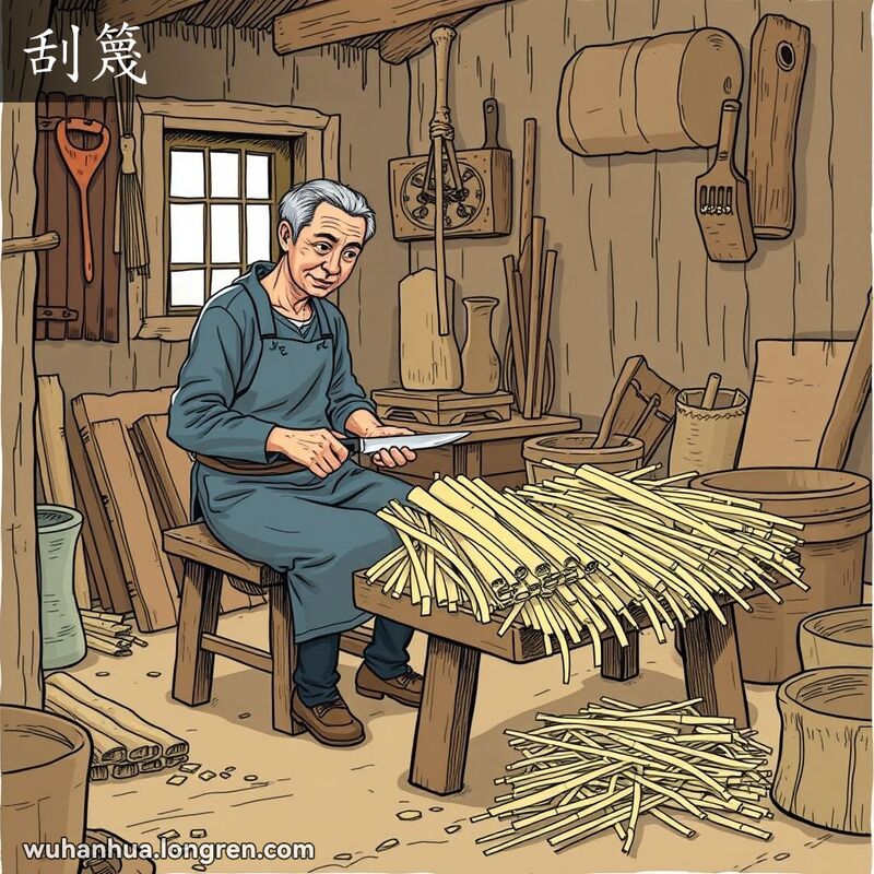 一位武汉工匠在工作坊中劈竹子成细条，背景是传统工作坊