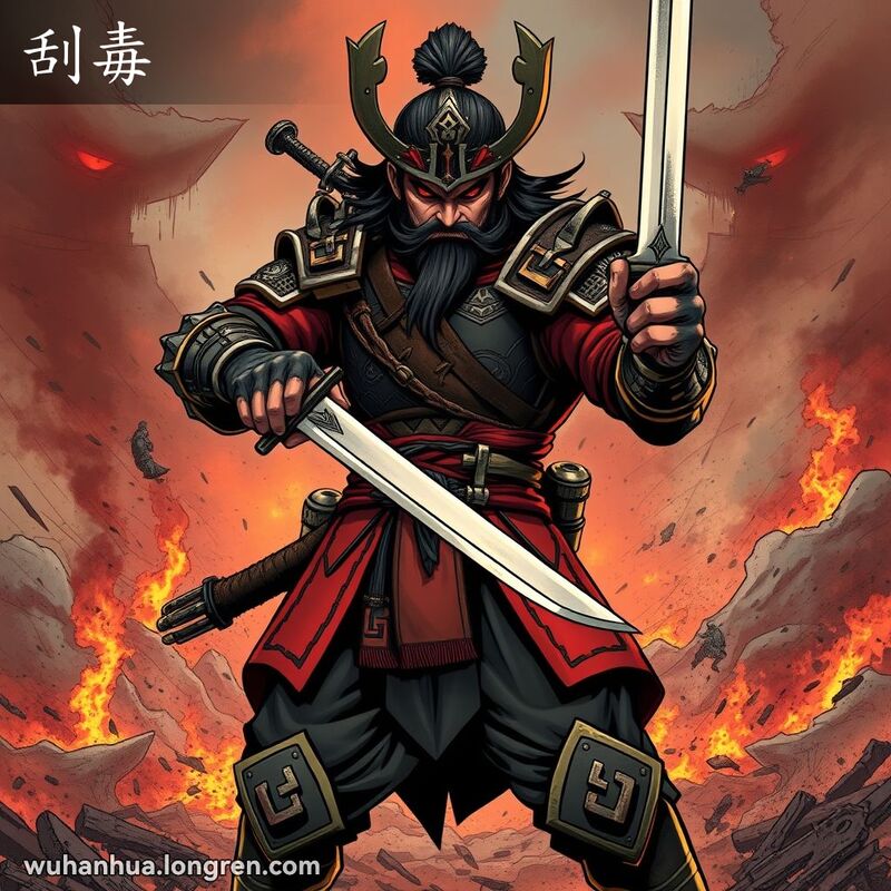 一位武汉武士在战场上手持利剑，表情凶狠，背景是火光和烟雾，表现出“刮毒”的凶狠毒辣。