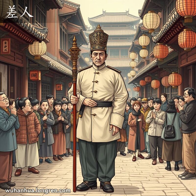 一位身穿清朝服饰的衙役站在武汉老街前，手持木棍，表情严肃，背景是传统的老建筑和围观的群众