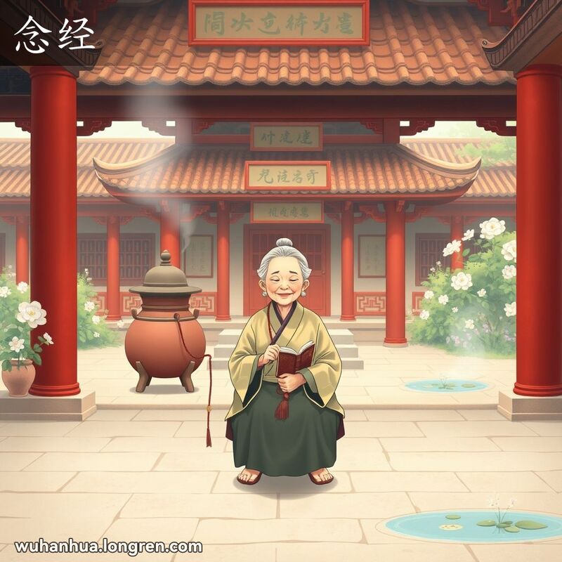 一位老妇人在寺庙庭院中手持念珠和经书诵经，背景是宁静的花园和池塘