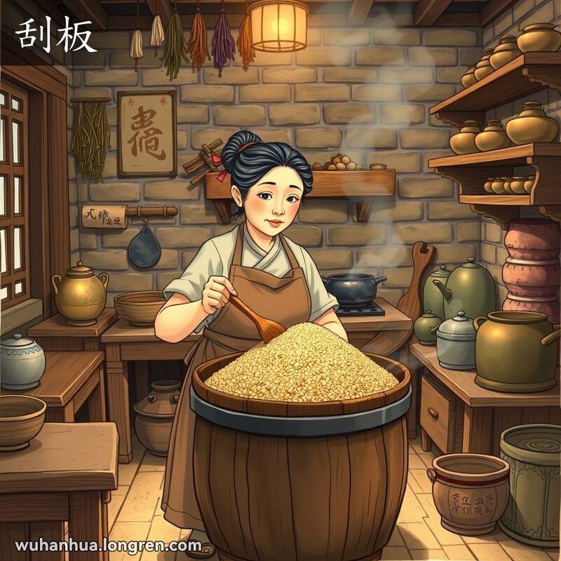 一位中年妇女在传统厨房中用木质刮板平整木桶内的粮食，背景有陶炉和草药