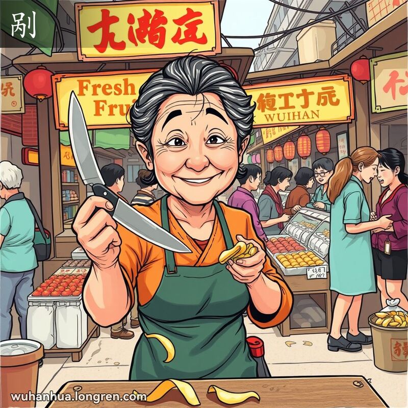 一位中年妇女在武汉街市上剥水果皮，背景是热闹的市场景象