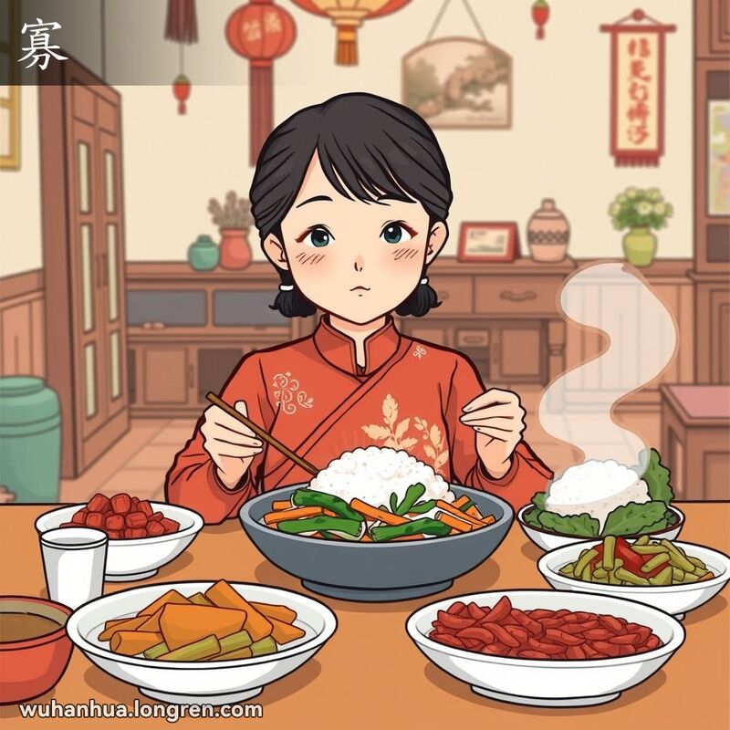 一位武汉妇女坐在餐桌前，只吃蔬菜不吃米饭，表情平静专注，背景是温馨的家庭环境