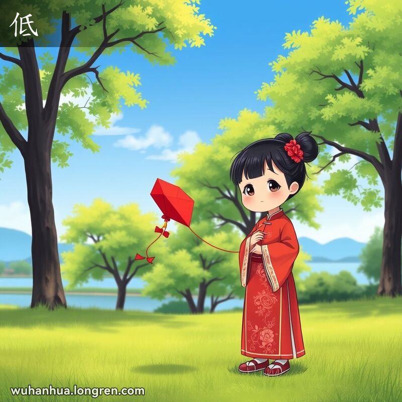 一个小女孩在公园里放风筝，风筝飞得很低，女孩的头微微低垂，背景是宁静的自然景观。