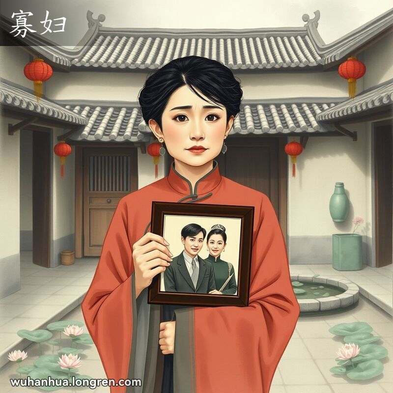 一位中年妇女手持已故丈夫的相框，站在宁静的庭院中，背景是武汉老建筑和莲花池。