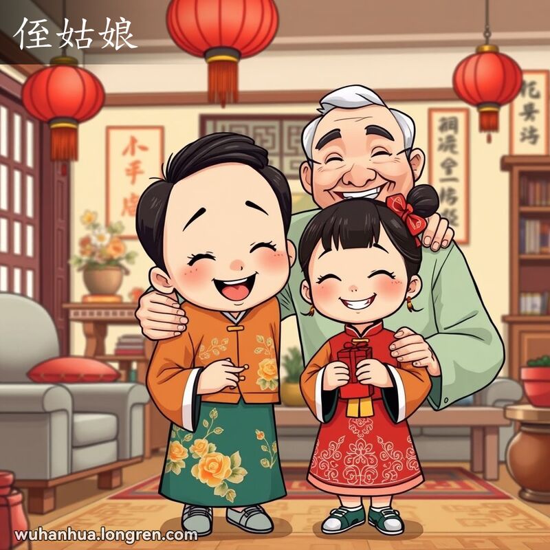 一个武汉家庭聚会场景，小女孩和叔叔站在一起，背景是传统客厅，女孩手持礼物
