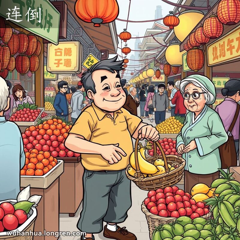 一位中年男子在武汉市场的水果摊前连续不断地拿水果，背景是繁忙的市场和色彩斑斓的水果。
