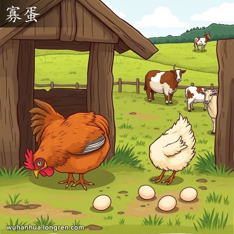 乡村农场场景，木质鸡舍前母鸡啄食，旁边散落未受精的鸡蛋，背景是绿油油的田野和悠闲的牛羊。