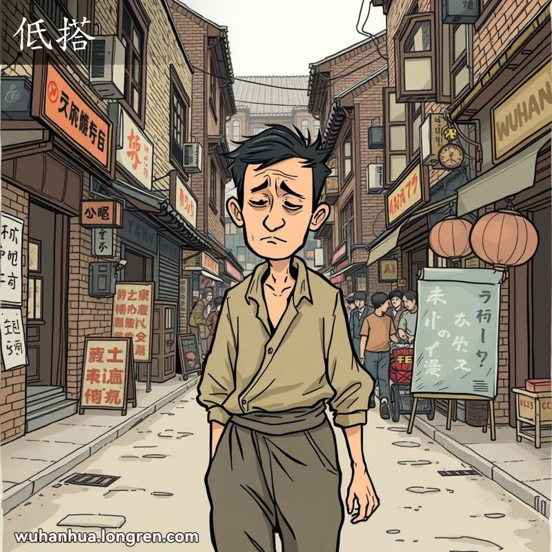 一位穿着简朴、破旧衣服的男子在武汉老街上行走，低头垂肩，神情低落，背景是武汉老街景