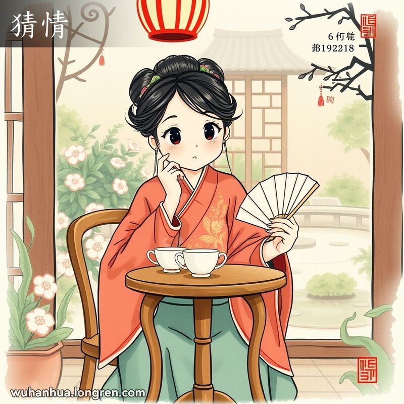 一位身穿传统服饰的武汉女子坐在茶馆，手持茶杯和折扇，神情若有所思，背景是宁静的花园。