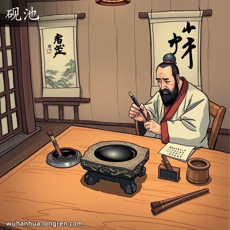 一位传统装扮的书法家坐在木桌前，手持毛笔，专注地看着桌上的石砚台，背景是宁静的书房景象