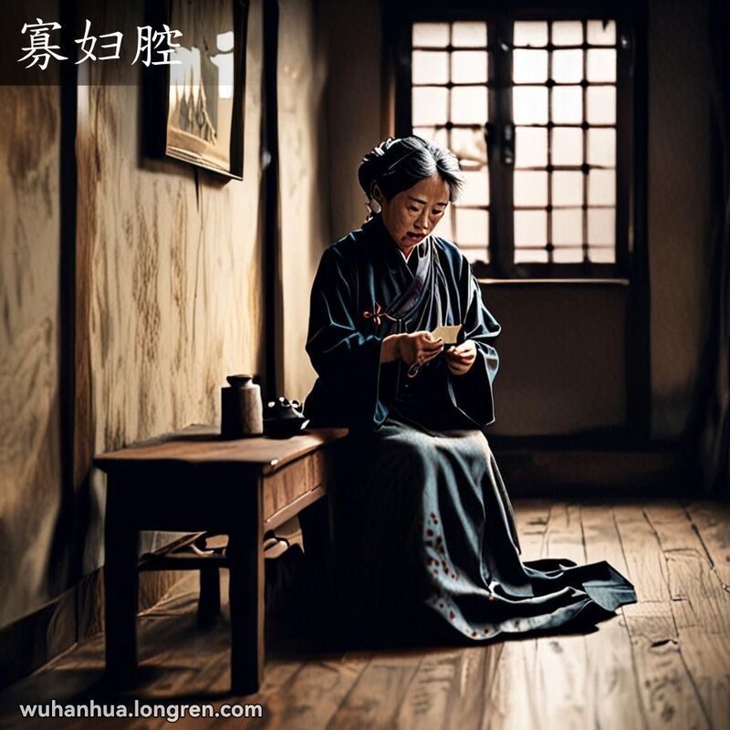 一位中年武汉妇女独自坐在昏暗的房间里，手捧旧照片，神情忧伤，表现“寡妇腔”的单调凄凉。