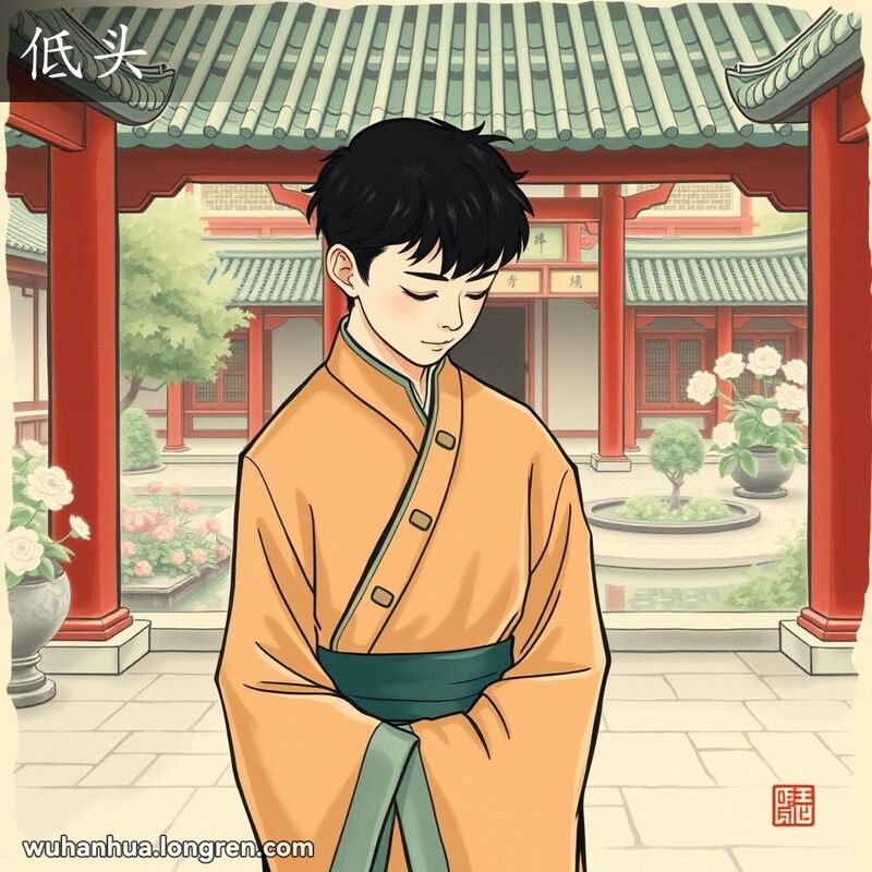 一位穿着传统服饰的年轻人在古色古香的庭院中低头认错，背景是红柱绿瓦的古建筑和宁静的花园