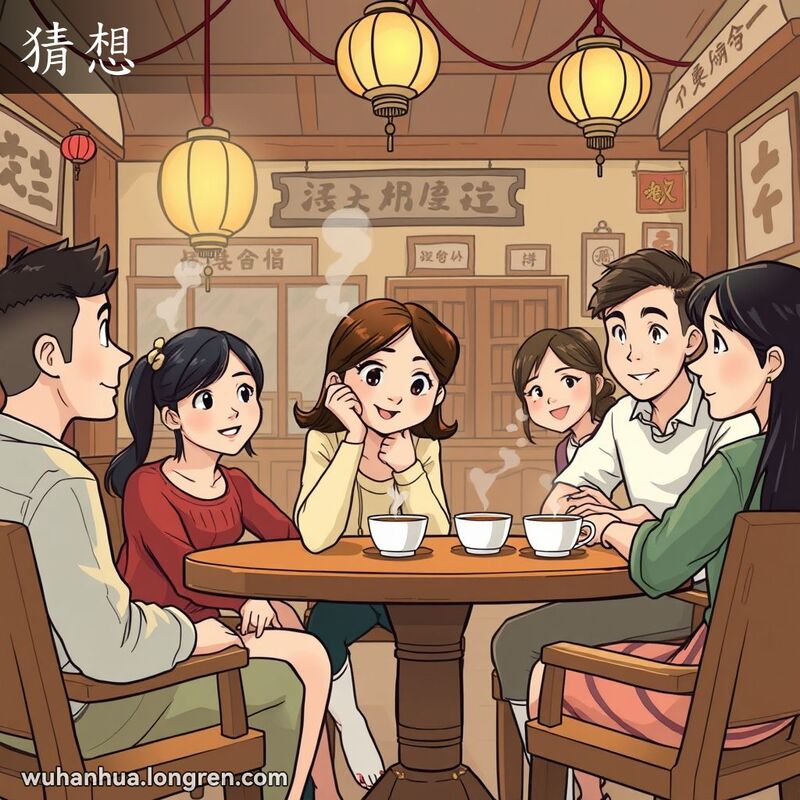 一群朋友在武汉茶馆里围坐，一位女性朋友手托下巴深思，其他人期待地看着她