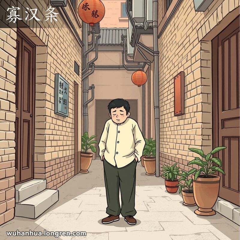 一位穿着传统服饰的男子独自站在武汉老巷子里，神情孤独，背景是红砖墙和木门