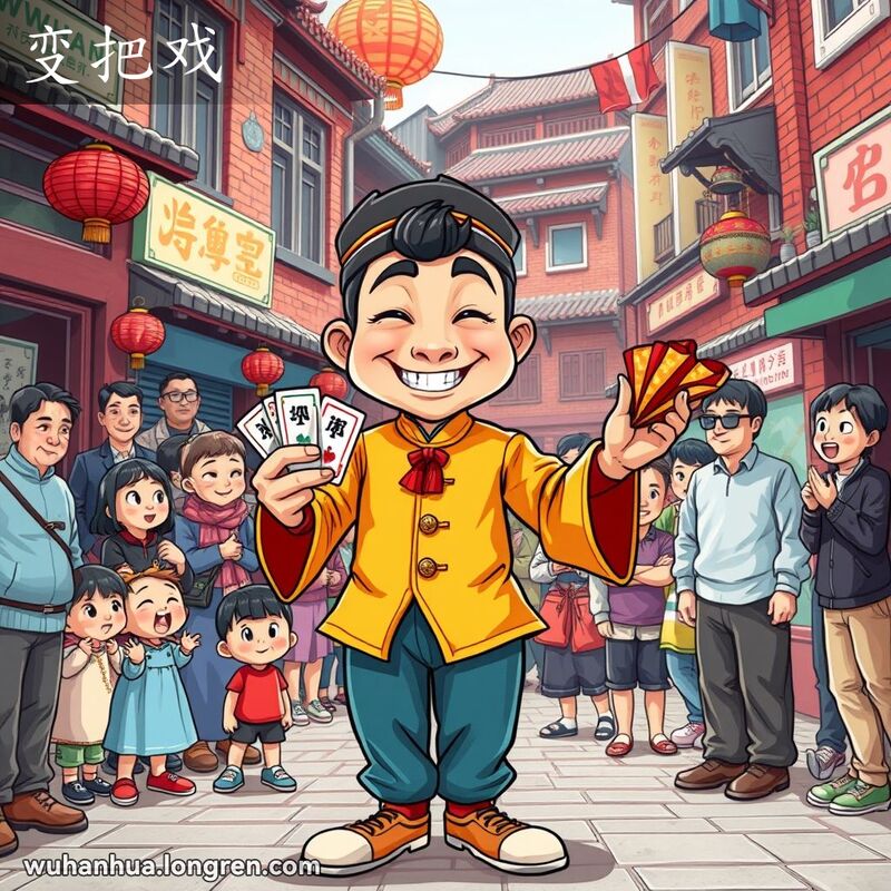 一位街头表演者在武汉老街上表演魔术，周围观众惊讶地观看，背景有红砖墙和小摊贩。