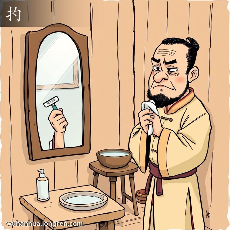 一位男子在镜子前刮胡子时用力扯拉胡子，表情显得挫败，背景是简朴的房间