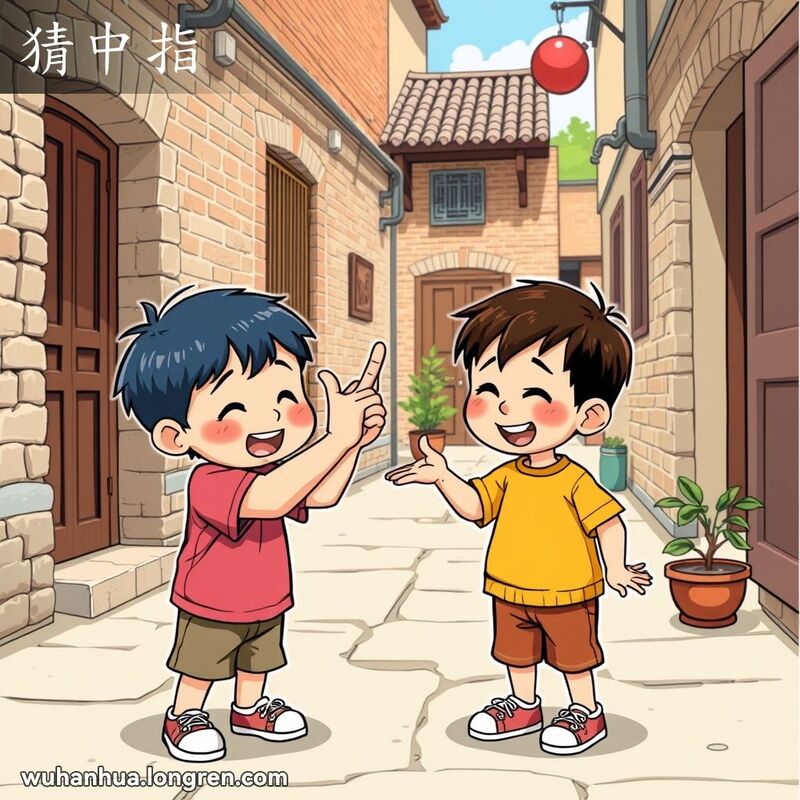 两个孩子在武汉老巷子里玩“猜中指”游戏，一个孩子捉住另一个孩子的中指，背景是武汉老街景