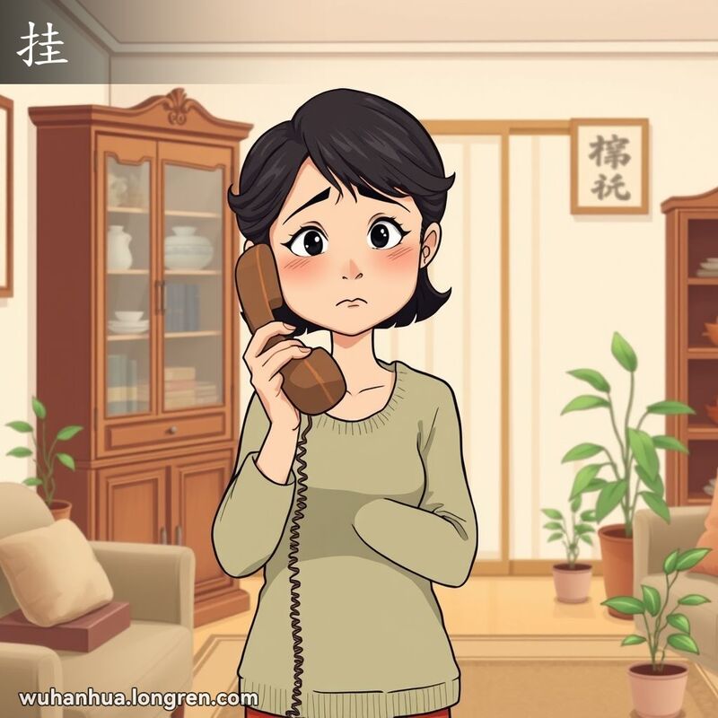 一位中年武汉妇女在家中客厅里，手持电话听筒，表情忧虑，体现“挂”的意思。