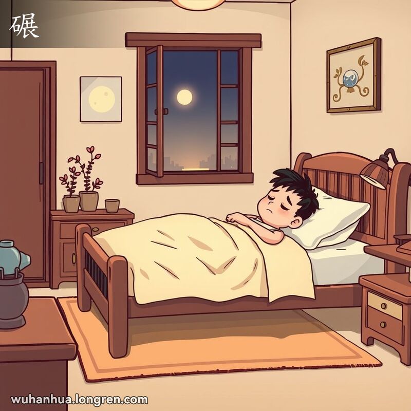一个人在床上翻来覆去，表情不舒服，床单凌乱，背景是温馨的卧室和宁静的夜晚。