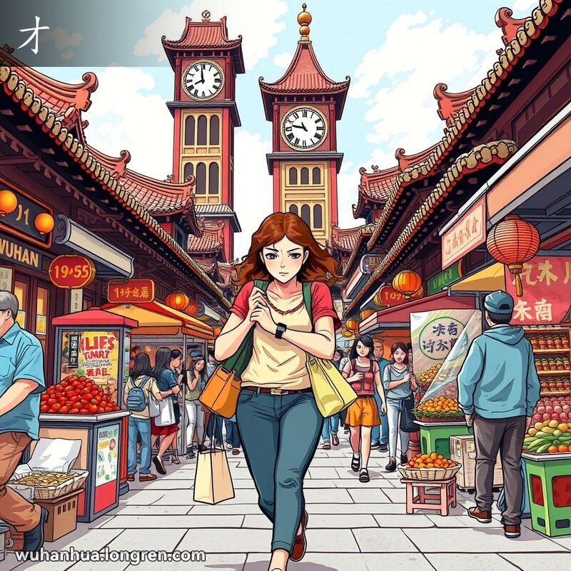 一位年轻女性在武汉街头匆忙行走，看着手表，背景是繁忙的市场和传统建筑