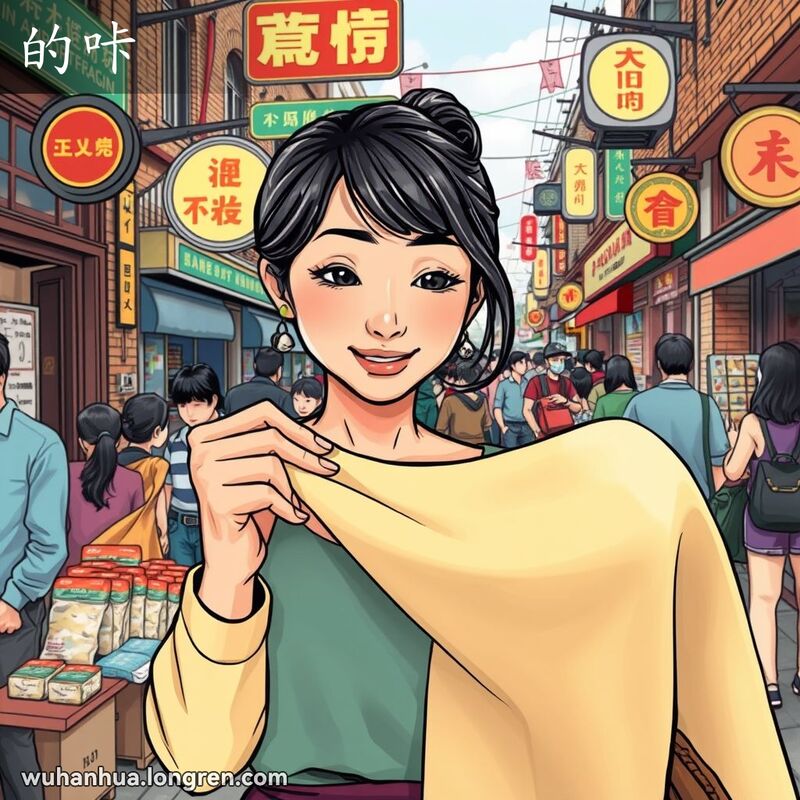 一位女士在武汉街头市场上检查合成纤维布料，背景是武汉老街景