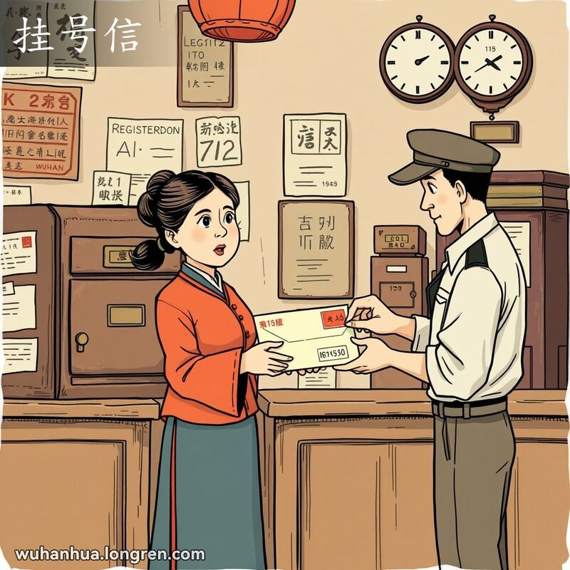 一位中年妇女在老邮局寄挂号信，背景是邮局柜台和旧海报