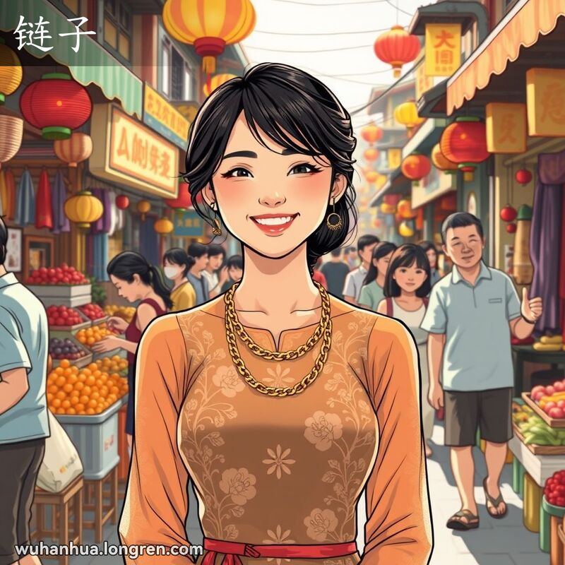 一位武汉年轻女子在市场中戴着金链子，背景是热闹的市场景象