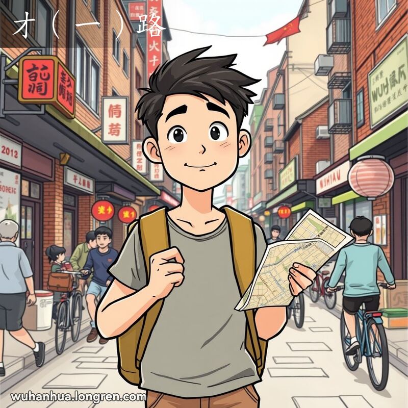 一位年轻的武汉男子手持地图，自信地走在繁忙的街道上，背景是武汉的传统街景。