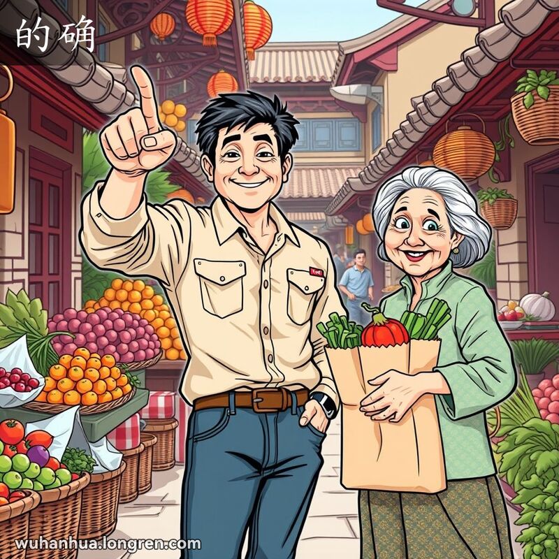 一位中年武汉市民在街市中自信地指着摊位，摊主老妇人手拿蔬菜微笑，背景是繁忙的市场摊位和传统建筑