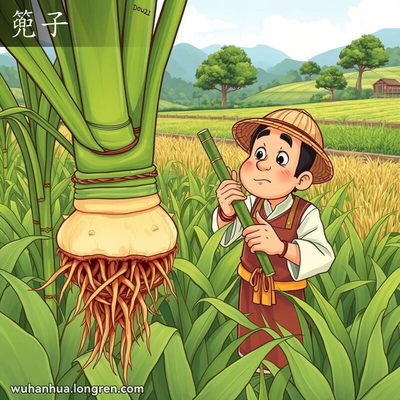 一位武汉农民在田间检查甘蔗的根部，即“篼子”，背景是武汉的农村景象