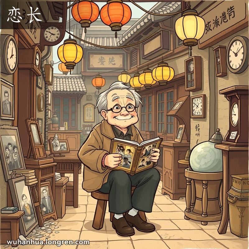 一位老人坐在武汉小院中，手捧旧相册，回忆过去，背景是武汉老巷和传统建筑