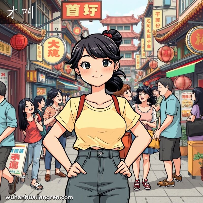 一位年轻女子站在武汉街头，双手叉腰，神情自信且略带幽默，背景是热闹的街头景象。