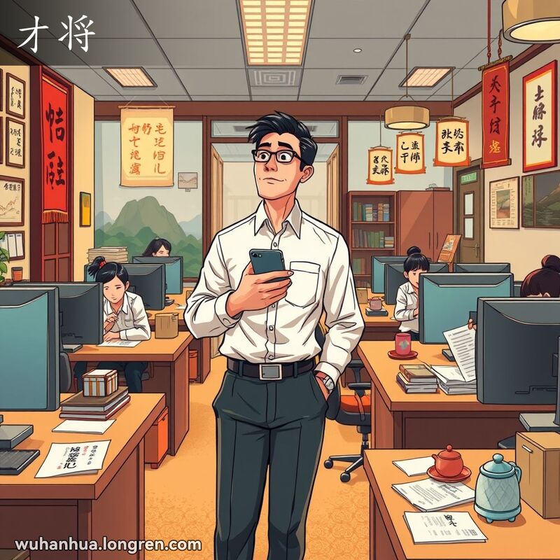 一位中年办公室主任刚挂断电话，看向门口，背景是忙碌的办公室