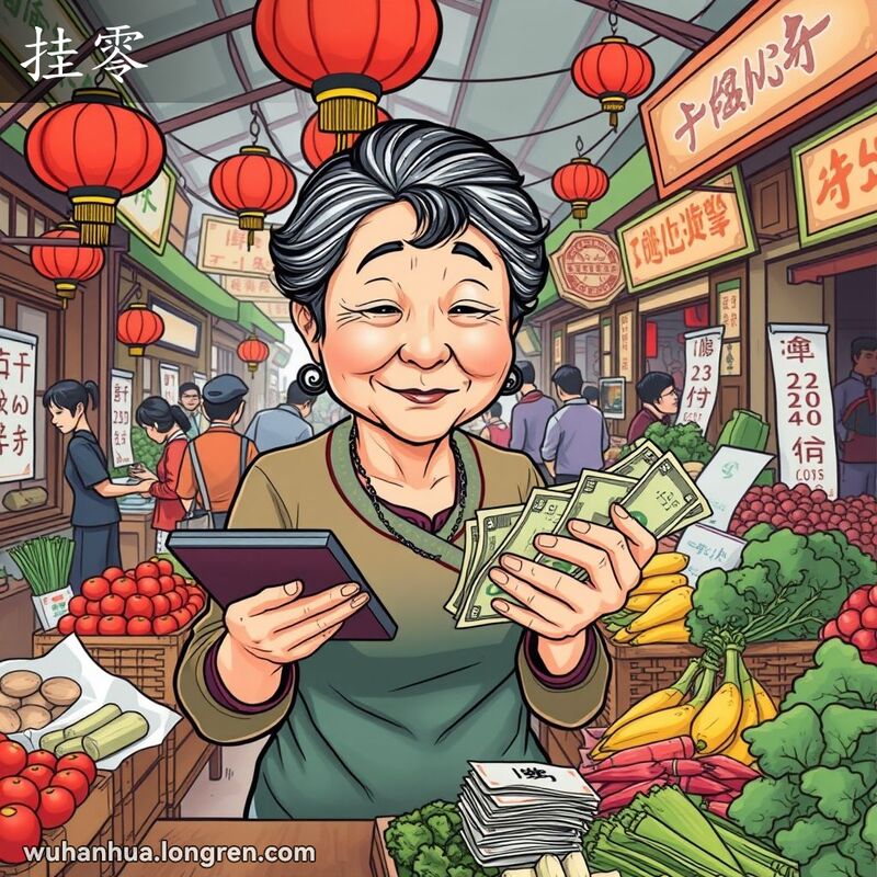 一位中年妇女在武汉市场的蔬菜摊前数钱，钞票中有大小面额，背景是武汉市场景象