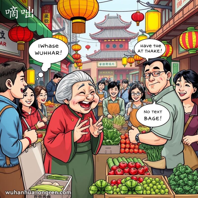 一位穿着传统服饰的武汉老婆婆在街边菜市场与摊贩交谈，手舞足蹈，表情生动，显得非常啰嗦，周围顾客微笑摇头。