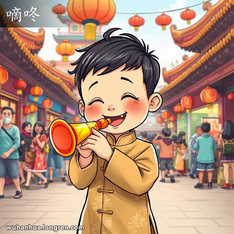 一个孩子在武汉街市上吹着玻璃喇叭玩具，背景是热闹的街市场景。