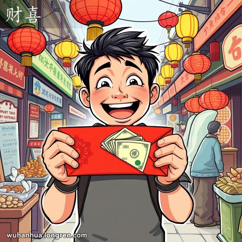 一位武汉男子站在打开的红包前，露出惊喜的表情，背景是热闹的市场场景