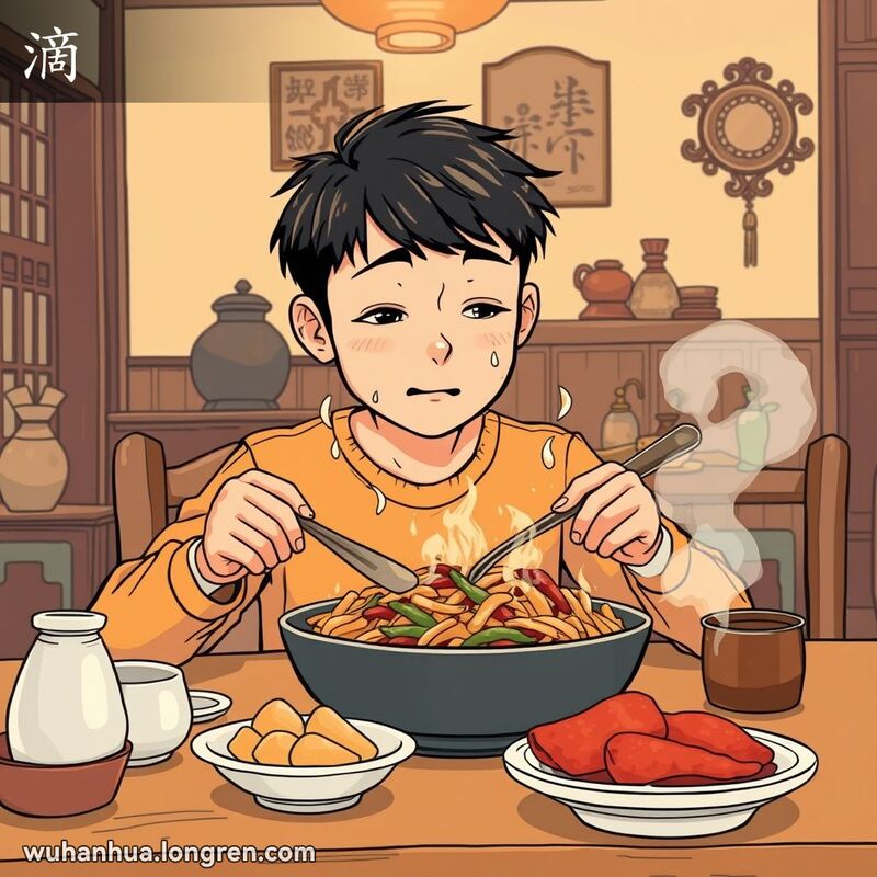 一位武汉市民坐在餐桌前吃饭，汗水从额头滴落，背景是武汉家庭场景