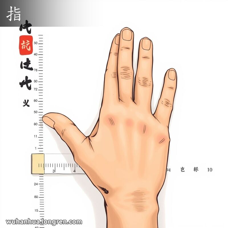 一只手，食指和拇指张开测量距离，背景为简洁的白色表面，带有中国水墨画风格