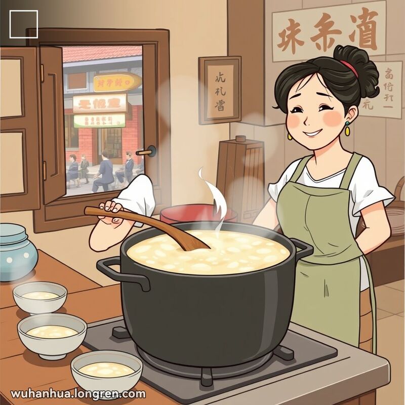 一位武汉妇女在厨房煮粥，粥的质地浓稠，背景是温馨的家庭氛围