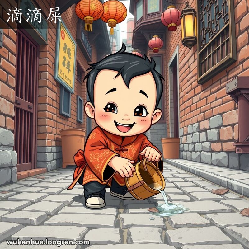 一位穿着传统服饰的小孩蹲在武汉小巷里，调皮地滴水，背景有老砖墙和传统招牌
