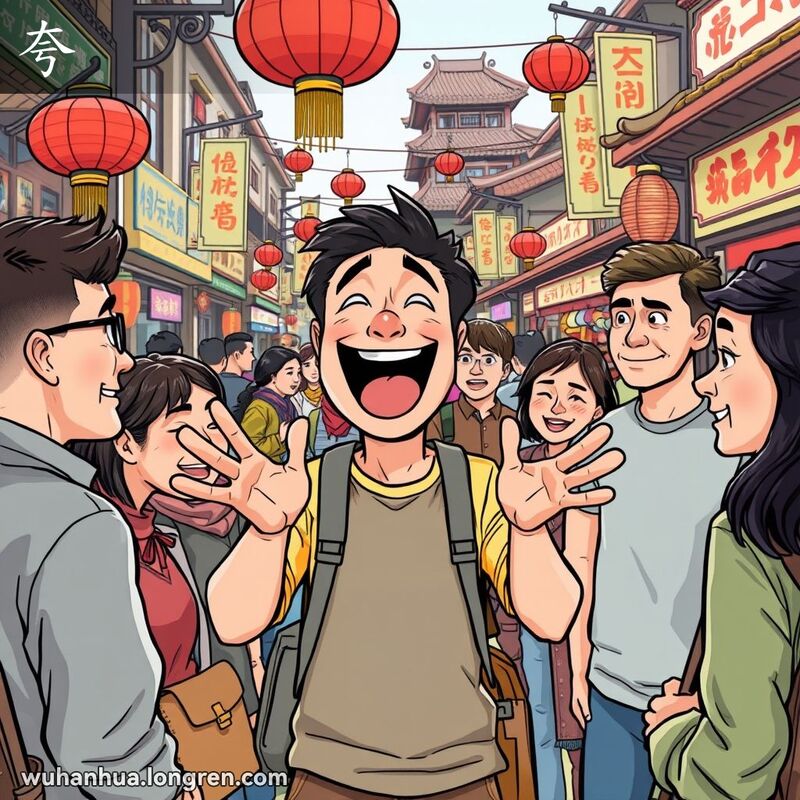 一位年轻人在武汉街市上夸张地讲述自己的成就，朋友们带着娱乐的表情听着，背景是武汉的传统街景。
