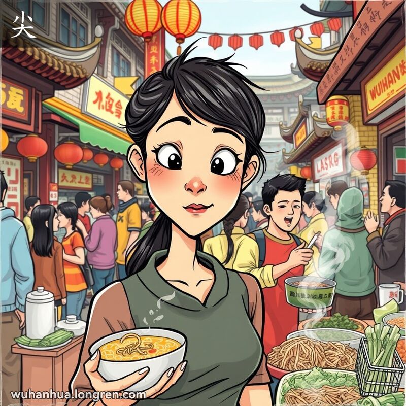 一位年轻女子在武汉街头市场，尖下巴和灵敏的鼻子，小贩用尖细的声音吆喝