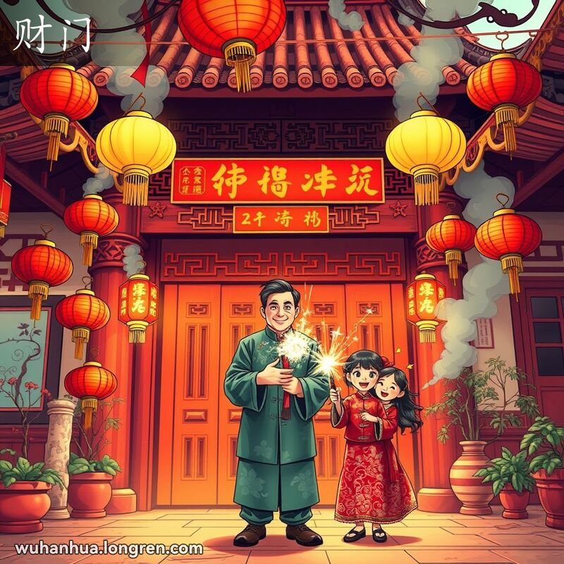 春节期间，一家人在装饰着红对联和灯笼的大木门前，准备点燃鞭炮庆祝“财门”的开启。