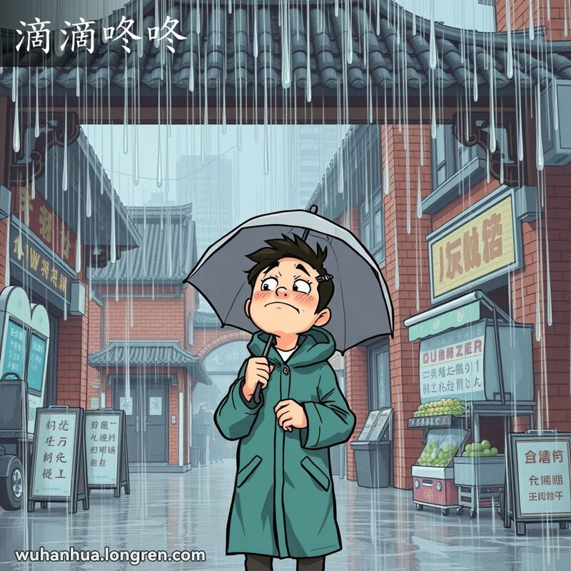 武汉街道在连绵雨天，居民手持雨伞站在屋檐下，雨滴不断落下，发出“滴滴咚咚”声，背景是老建筑和小摊贩。