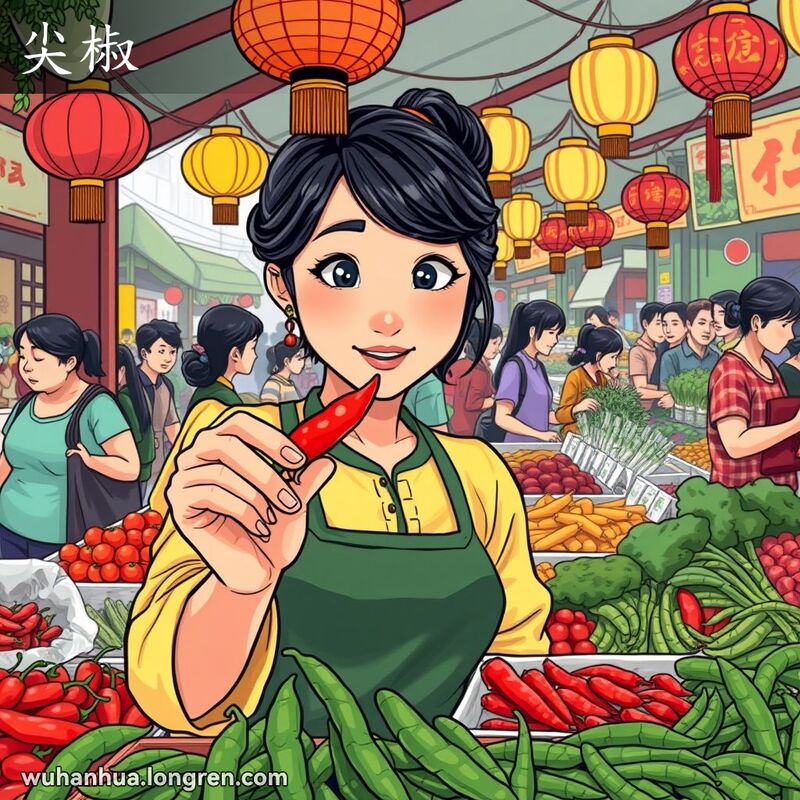 一位穿着传统服饰的女子在武汉市场的摊位前手持尖椒，背景有其他顾客和五彩缤纷的蔬菜。