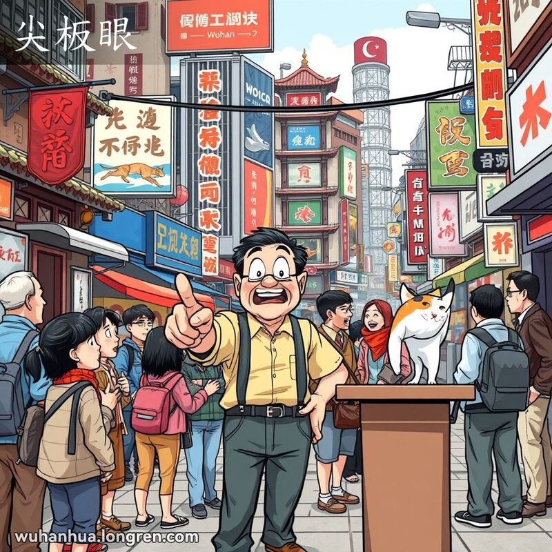 武汉街头，几位居民围在小摊前聊天，一位男子指着奇特事件，脸上露出惊讶表情，背景混合传统和现代元素。