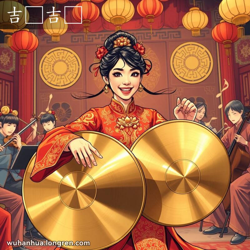 一位身穿红金色传统服饰的武汉女乐手正在敲击大钹，背景是传统中国乐队演奏的场景